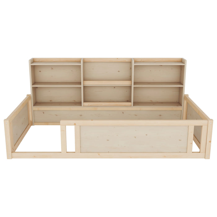 Platform Floor Bed With Guardrail Fence And Side Storage Shelves
