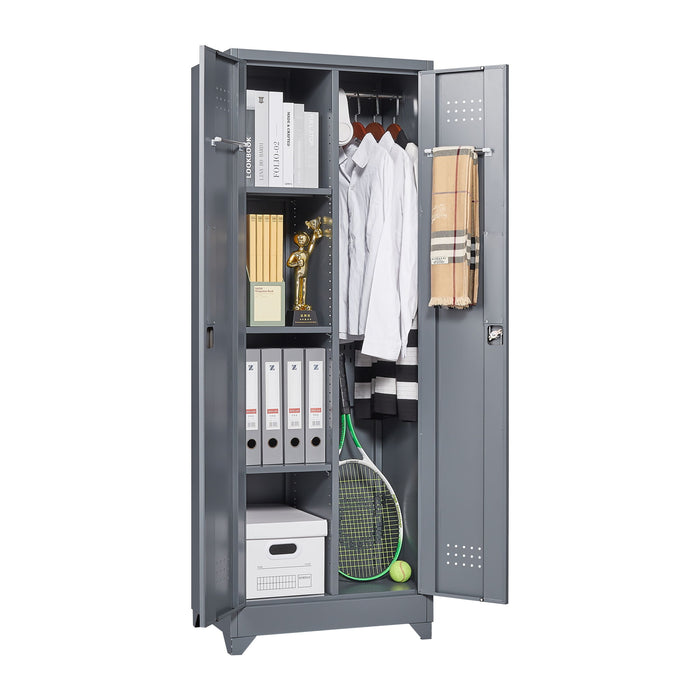 Heavy Duty Storage Cabinet With Locking Doors, Hanging Rod & Shelves, Broom Closet - Gray