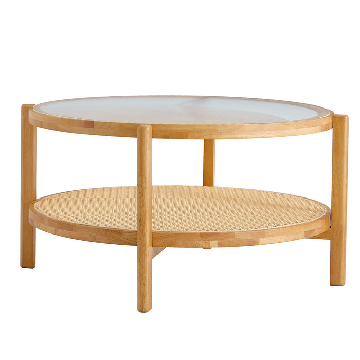 Modern Style Circular Double Layer Tea Table With Rattan Weave