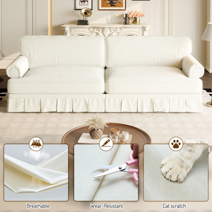 Luxuriously Comfortable Cloud Couch With Elegant Rolled Arms & Pleated Skirt Design