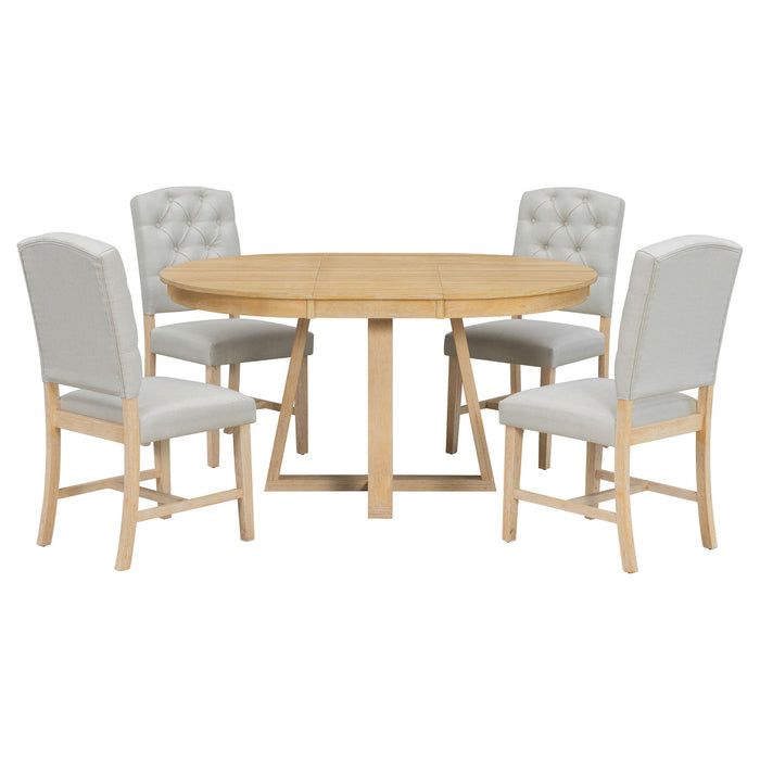 Dining Set With Leaf Round Table And 4 Upholstered Chairs