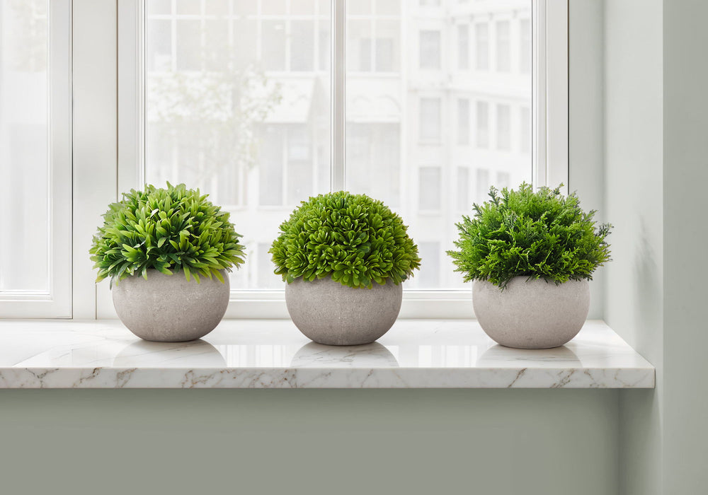 5" Tall, Artificial Plant, Grass, Indoor, Faux, Fake, Table, Greenery, Potted, Decorative (Set of 3) - Green / Gray