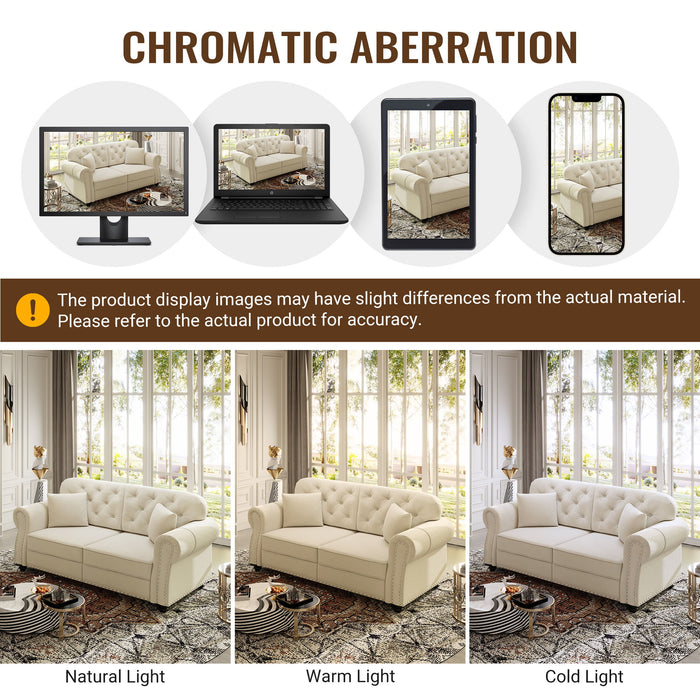 Upholstered Sofa With Nailhead Trim And Rolled Armrests, 1 Pillows - Beige / White