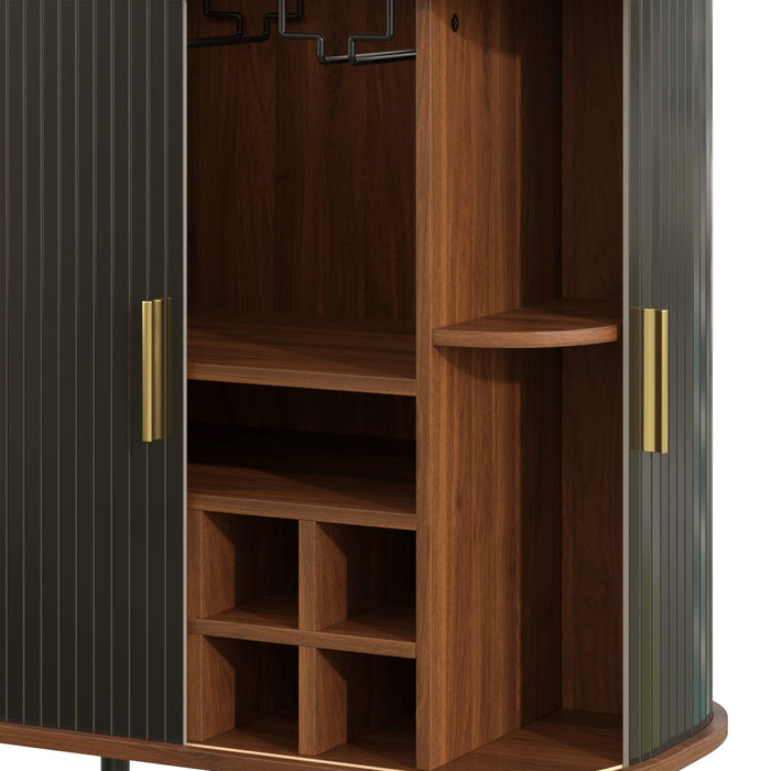 Fluted Wine Bar Cabinet With 8 Grid Wine Rack, 5 Level Adjustable Shelves, 2 Glass Holders