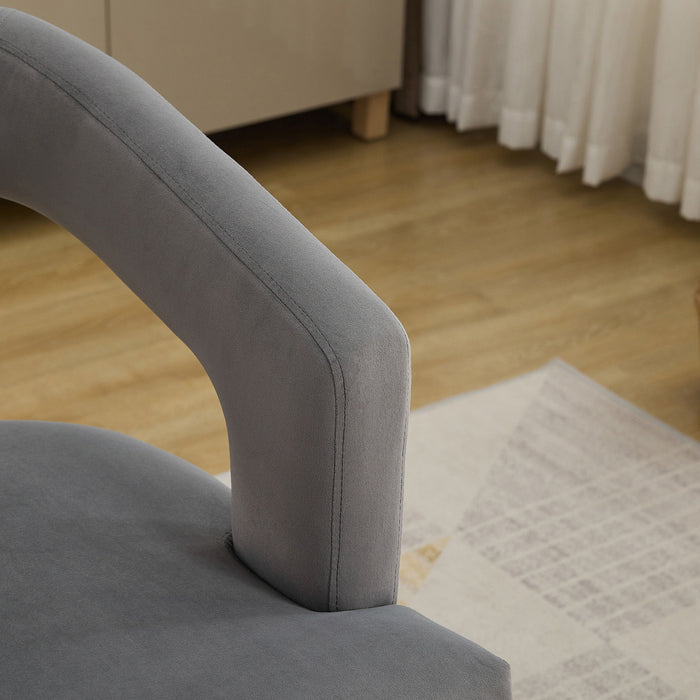 Wide Modern Barrel Open Back Upholstered Accent Chair With Weathered Solid Wood Legs