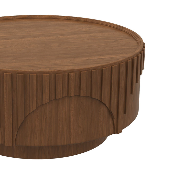 Round Fluted Drum Coffee Table With Sturdy Base For Living Room