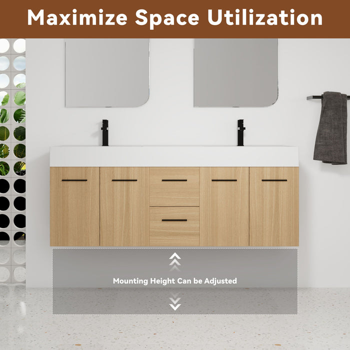 Floating Double Sink Bathroom Vanity With Drawers And Doors, Extra Large Storage, Integrated Sink, Soft Close Hardware - Glossy White / Light Oak