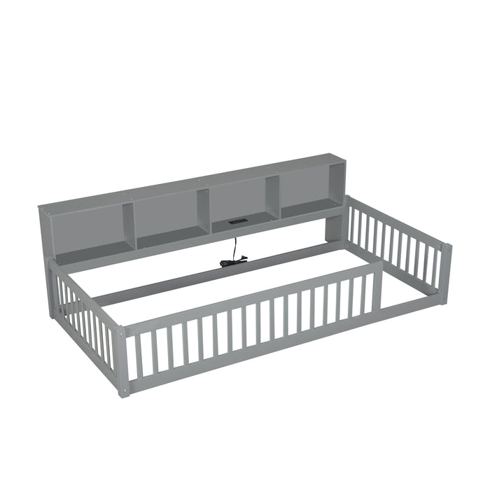 Twin Long Floor Bed With Storage Cabinets And USB Ports - Gray