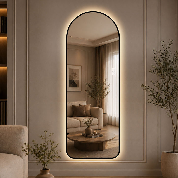 65" X 24" Arched LED Full Length Mirror With Frame, 3 Color Temperatures & Stepless Dimming - Black