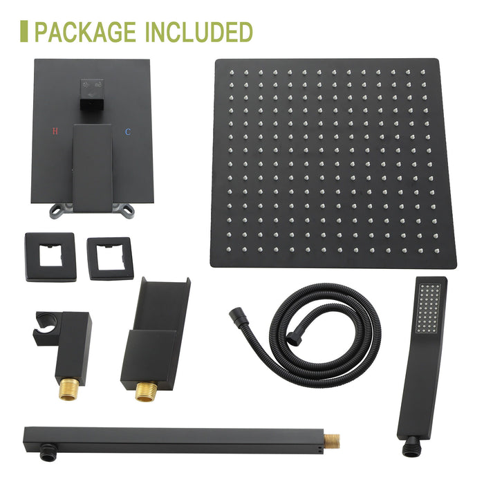 Wall Mounted Square Shower System With Rainfall Tub Spout And Handheld Shower, 10" - Matte Black