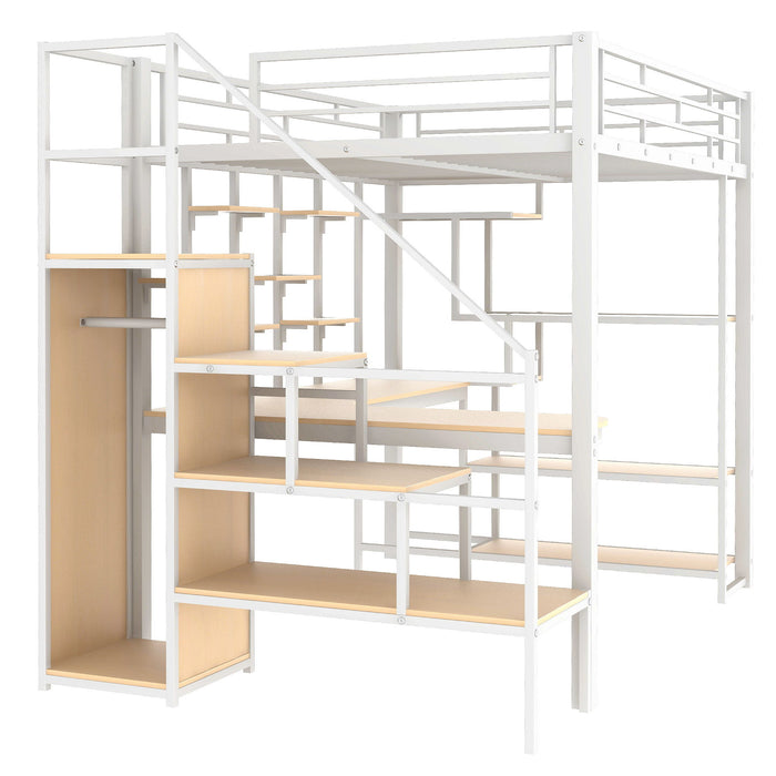 Loft Bed With Storage Staircase And Small Wardrobe, Built - In Desk And Storage Shelves
