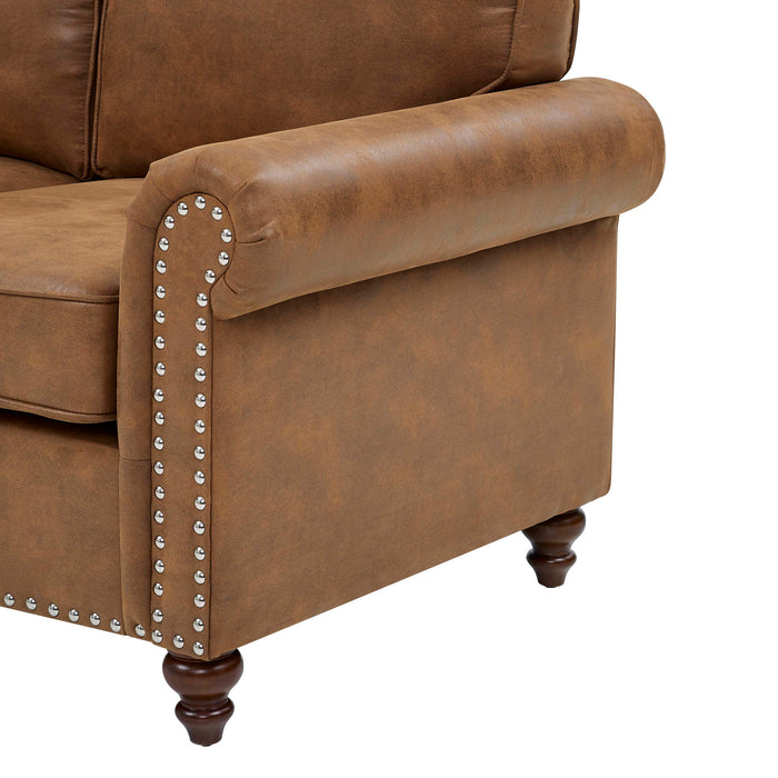 Sofa With Rolled Arms And Studs Trim - Brown
