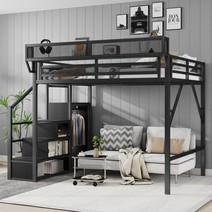 Queen Size Loft Bed With Stairs, Storage Shelves, Wardrobe - Black