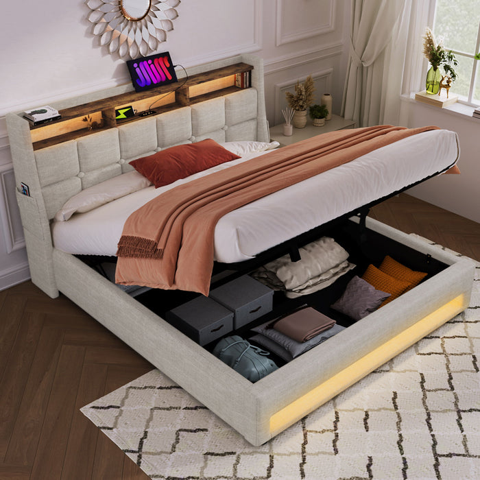 Platform Bed With Hydraulic Storage, LED Lighting & Charging Station