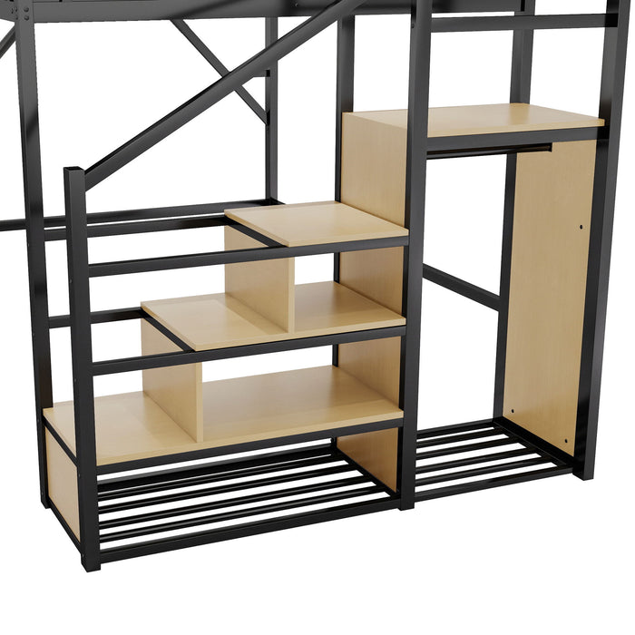 Queen Size Loft Bed & Stairs, Storage Shelves, Wardrobe - Black / Wood