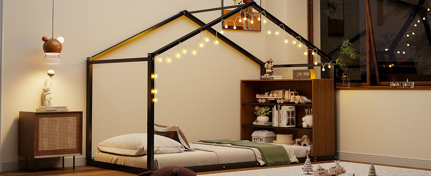 Bed House Frame With Shelves And Lights