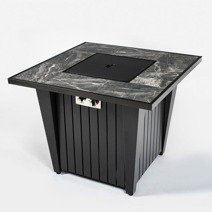 Morden Steel Fire Pit Table With Marble Tile Tabletop, Glass Wind Guard And Lid