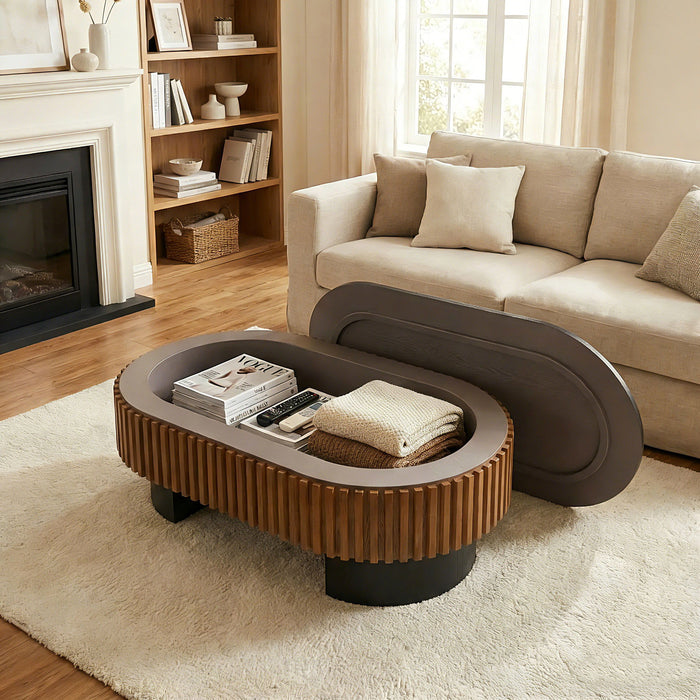 Elliptical Living Room Coffee Table With Hidden Storage And Removable Tabletop