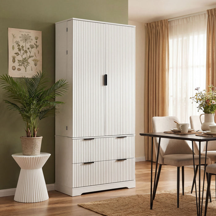 Fluted Kitchen Pantry Cabinet With 2 Large Drawers & 8 Door Spice Rack