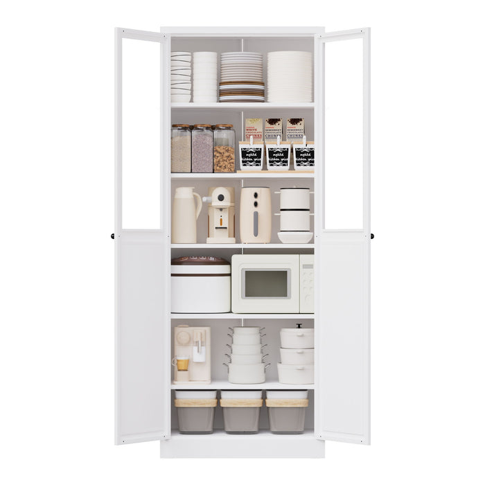Tall Metal Kitchen Pantry Cabinet With Adjustable Shelves And Silent Magnetic Doors - White