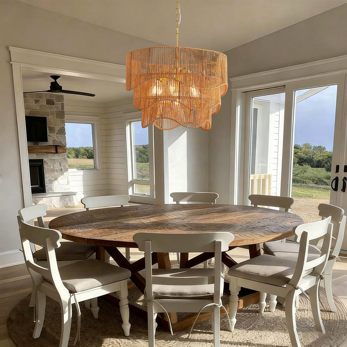 Chandelier With 7 Light E26 Base, Adjustable Height Wave Pendant Light For Living Room - Gold