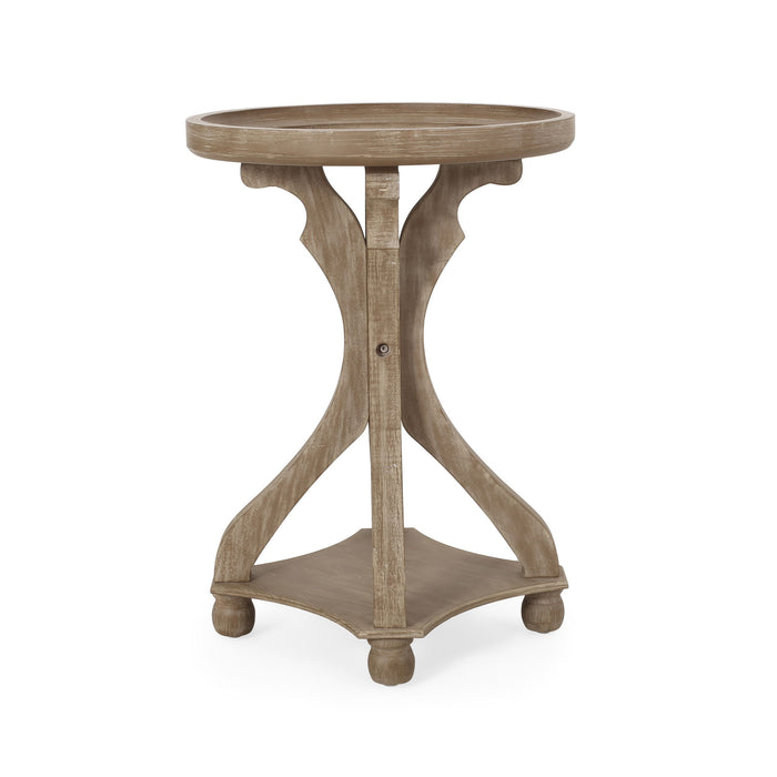 Rustic French Country Accent Table With Hourglass Firwood Base And Lipped Top