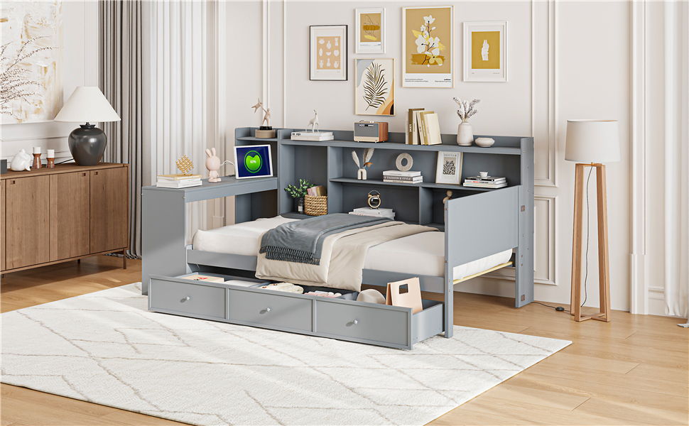 Daybed With 3 Drawers USB Ports And Desk