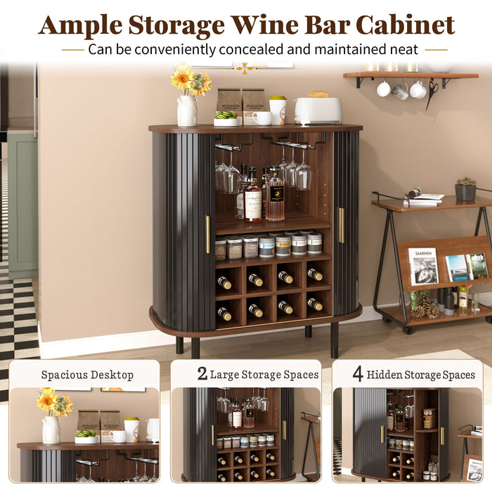 Fluted Wine Bar Cabinet With 8 Grid Wine Rack, 5 Level Adjustable Shelves, 2 Glass Holders