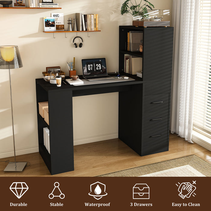 Computer Desk With 4 In 1 Socket & 3 Drawers, 4 Tier Shelves