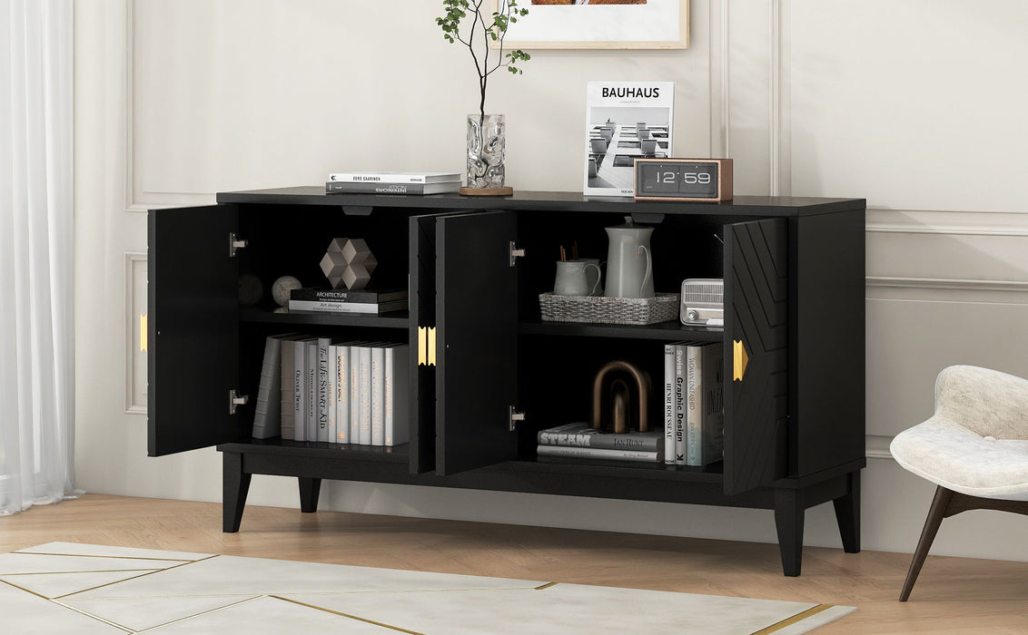 4 Door Sideboard Storage Cabinet For Living Room And Dining Room, 2 Large Cabinets With Gold Handles And Adjustable Shelf - Black
