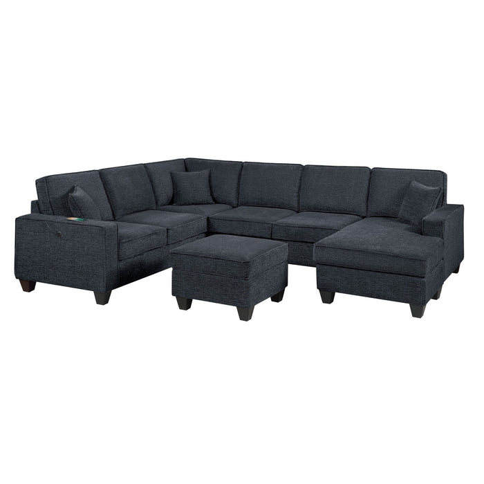 5 Piece Sectional Set With USB Port Left Arm Loveseat Chaise Right Arm Loveseat Corner Wedge Armless Chair Ottoman Upholstered - Black / Slate