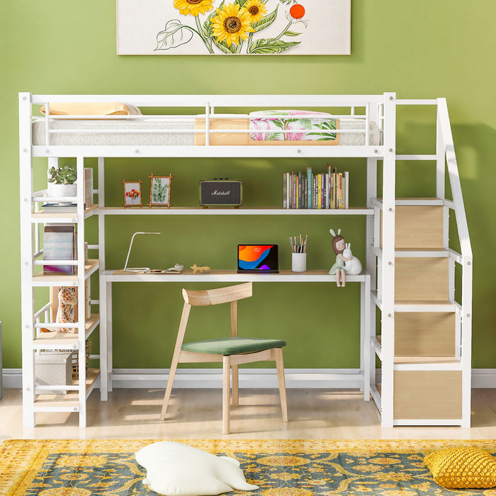 Twin Size Loft Bed With Built In Desk, Staircase Storage & 4 Tier Shelves - White