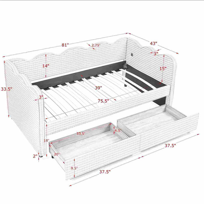 Gingham Daybed With USB Charging Port, Wave-Shaped Design