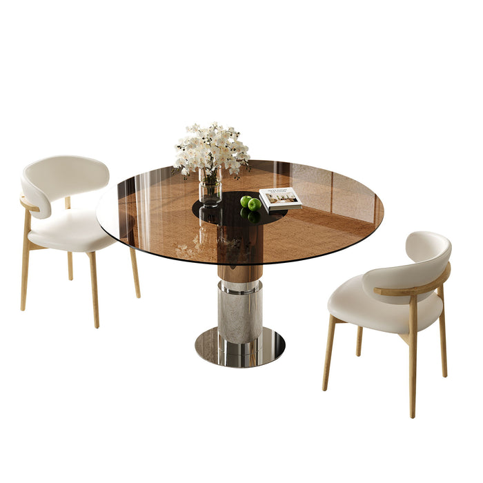 Round Glass Dining Table With Stainless Steel Legs And Chairs