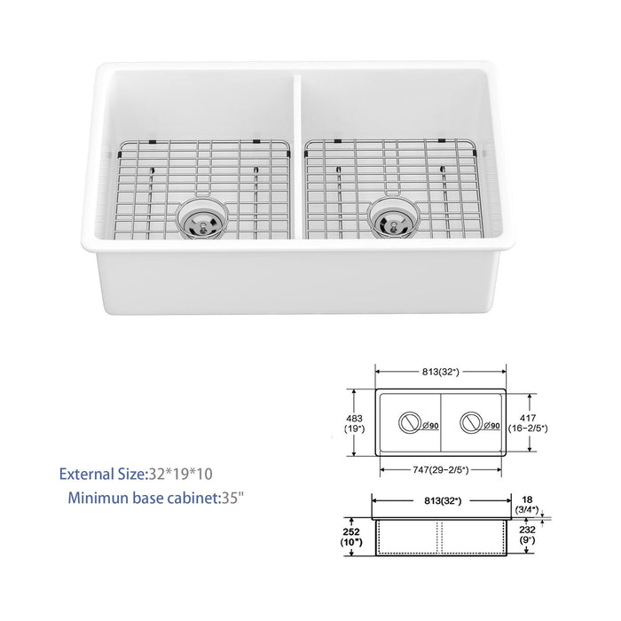 Elegant Dual Mount 32" Undermount Double Bowl Ceramic Kitchen Sink - White