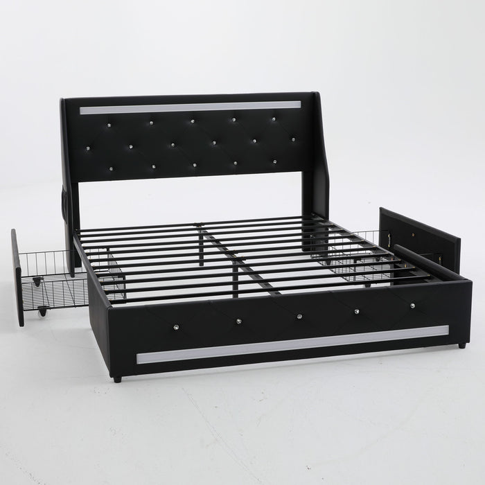 Wingback Upholstered Bed Frame With LED Lights, Charging Station