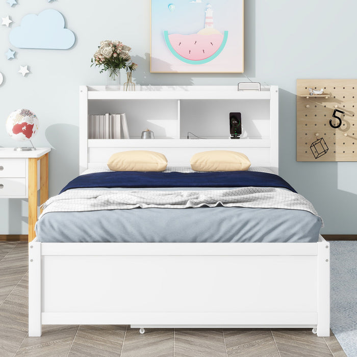 Full Size Platform Bed With Trundle, Drawers, USB Ports And Built In Shelves - White