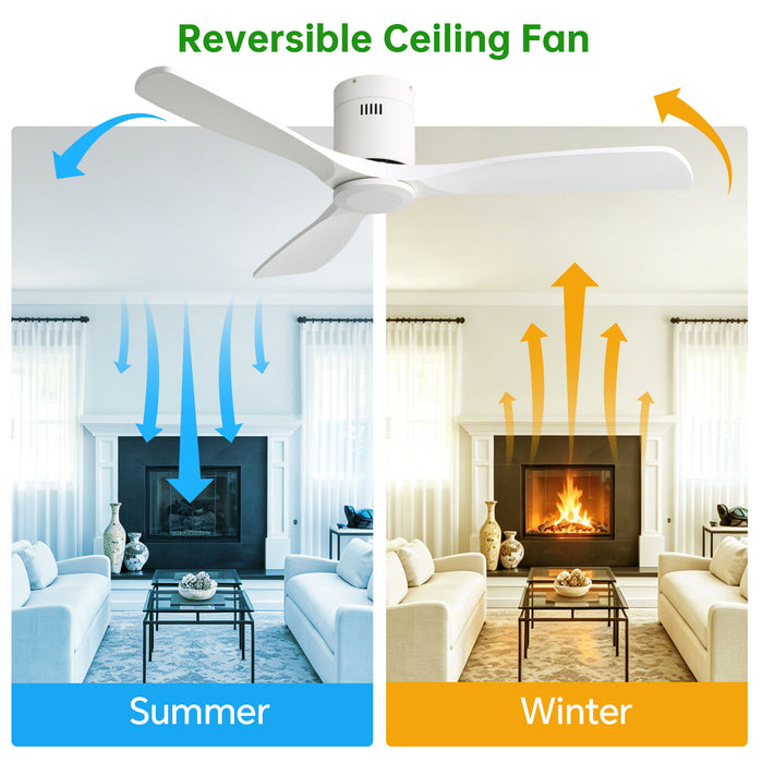 52" Flush Mount Ceiling Fan With Remote, No Light, 3 Blades, 6 Speed DC Motor For Indoor Patio - White