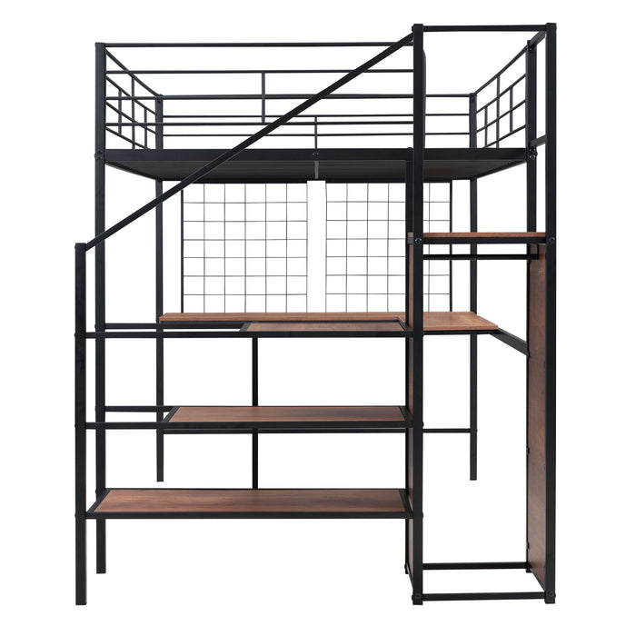 Loft Bed With Desk And Grid, Stylish Frame With Lateral Storage Ladder And Wardrobe