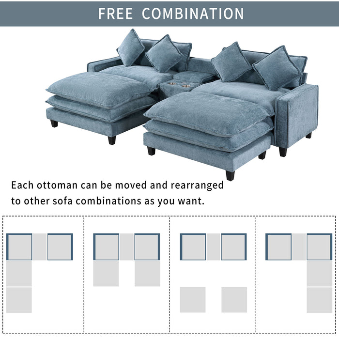 Modern Sectional Sofa With Removable Ottomans, USB Ports
