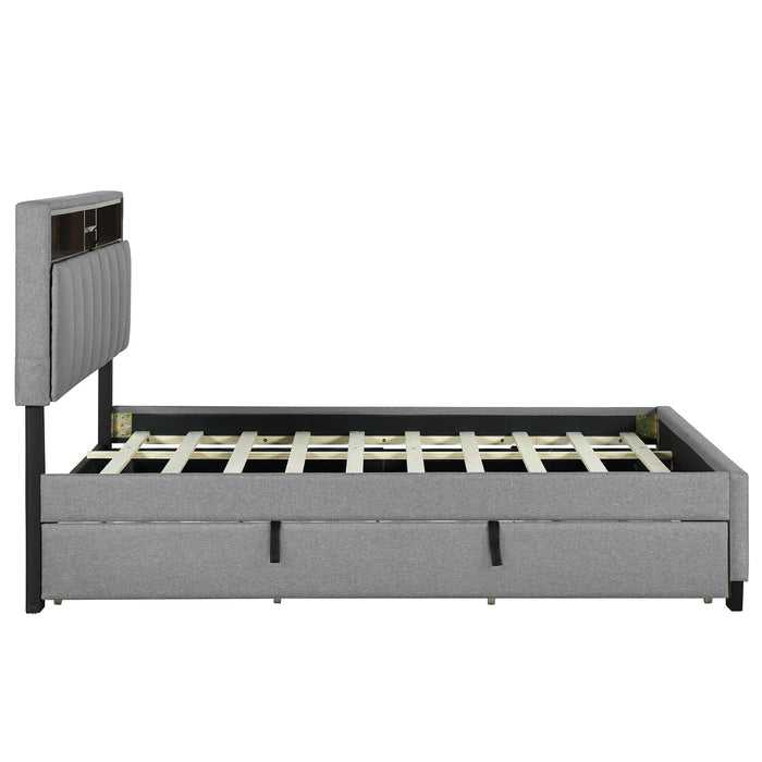 Upholstered Platform Bed With Storage Headboard, Trundle & 2 Drawers And A Set Of Sockets & USB Ports
