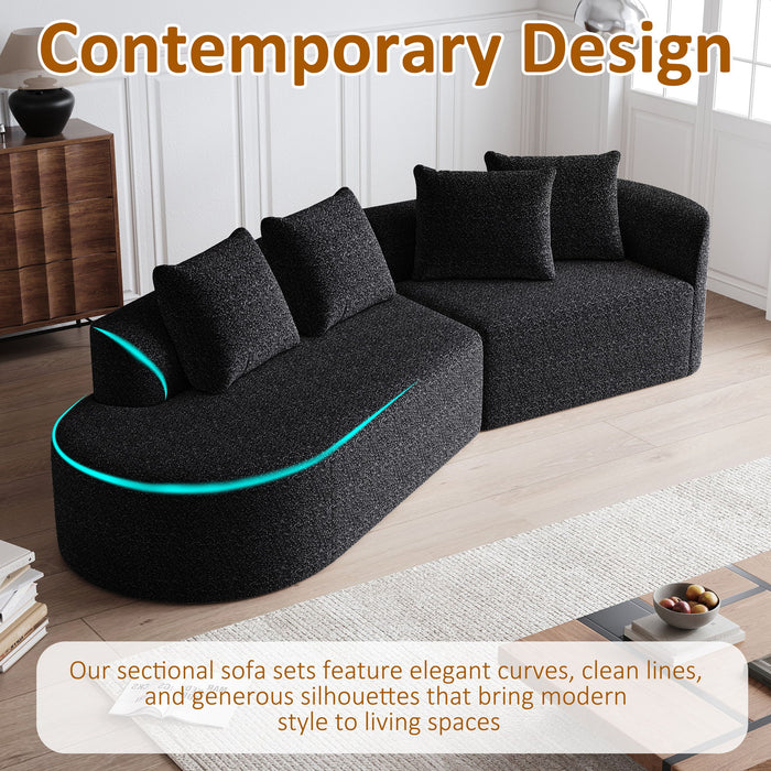 Upholstered Oversized Sectional Sofa, 4 Seater Extra Deep & Wide Seat Curved Cloud Couch With 4 Throw Pillows, Free Combination Living Room - Black