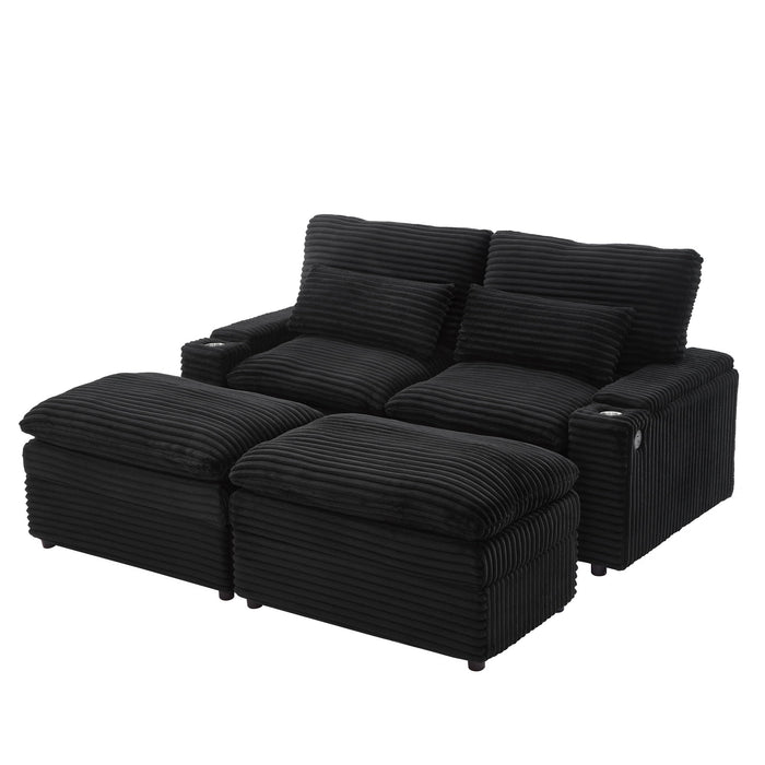 Convertible Loveseat Sofa With Storage, USB Ports, Cup Holders - Black