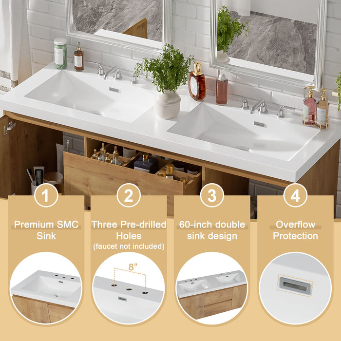 Double Sink Bathroom Vanity, Cabinet & Soft Close Doors, Divided Drawers, Wall Mounted Storage - Wood