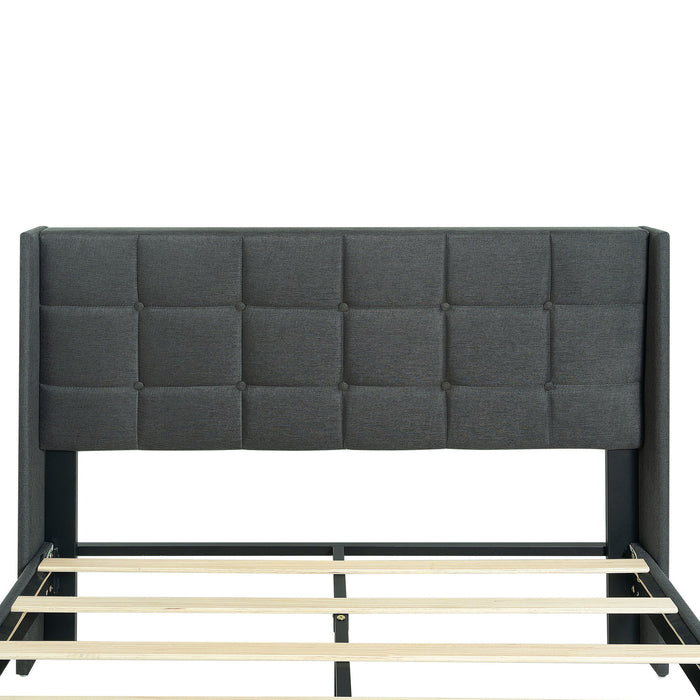 Queen Size Upholstered Platform Bed Frame With Button Tufted Linen Fabric Headboard - Dark Gray