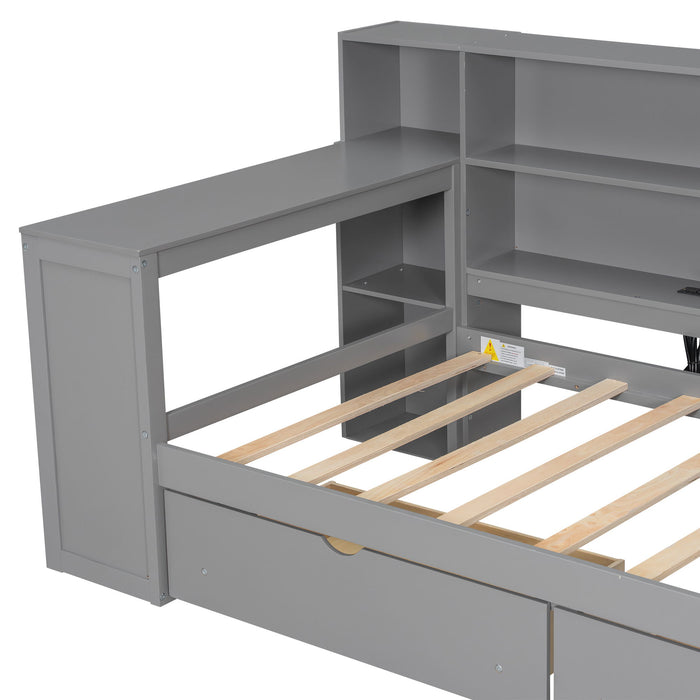 Platform Bed With Upholstered Headboard, Storage Shelves, Drawers, Charging Station, LED Lighting, Built In Desk