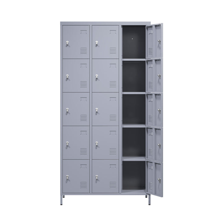 15 Door Lockers With Lock For Storage In Home, Gym, Office, And School - Gray