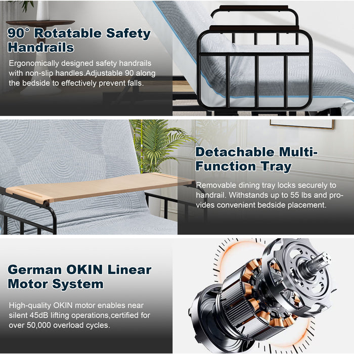 Electric Lift Bed For Seniors With Remote Control, Memory Foam Mattress, Safety Rails & Detachable Tray - Black / Gray