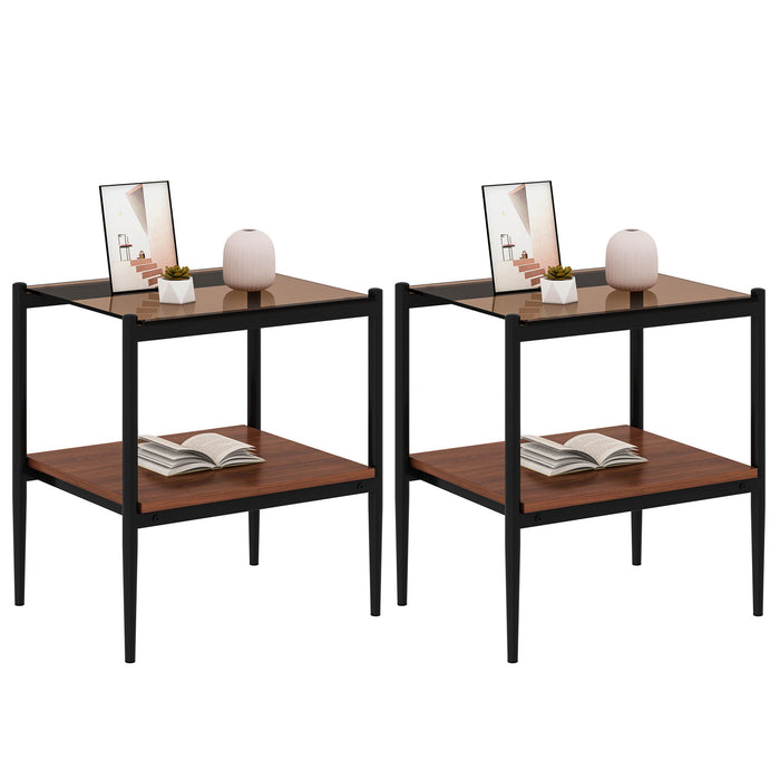 Modern Rectangle End Table (Set of 2) With Tempered Glass Tabletop And Layer - Brown