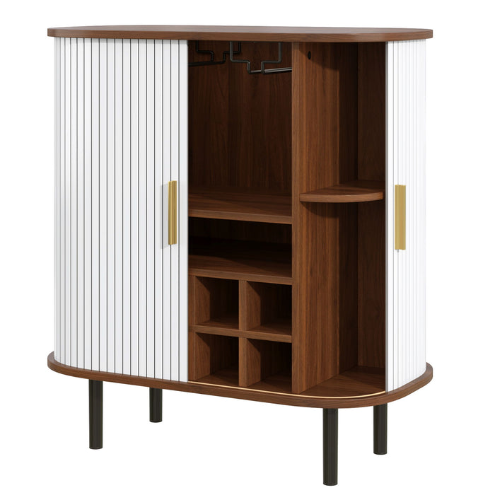 Fluted Wine Bar Cabinet With 8 Grid Wine Rack, 5 Level Adjustable Shelves, 2 Glass Holders